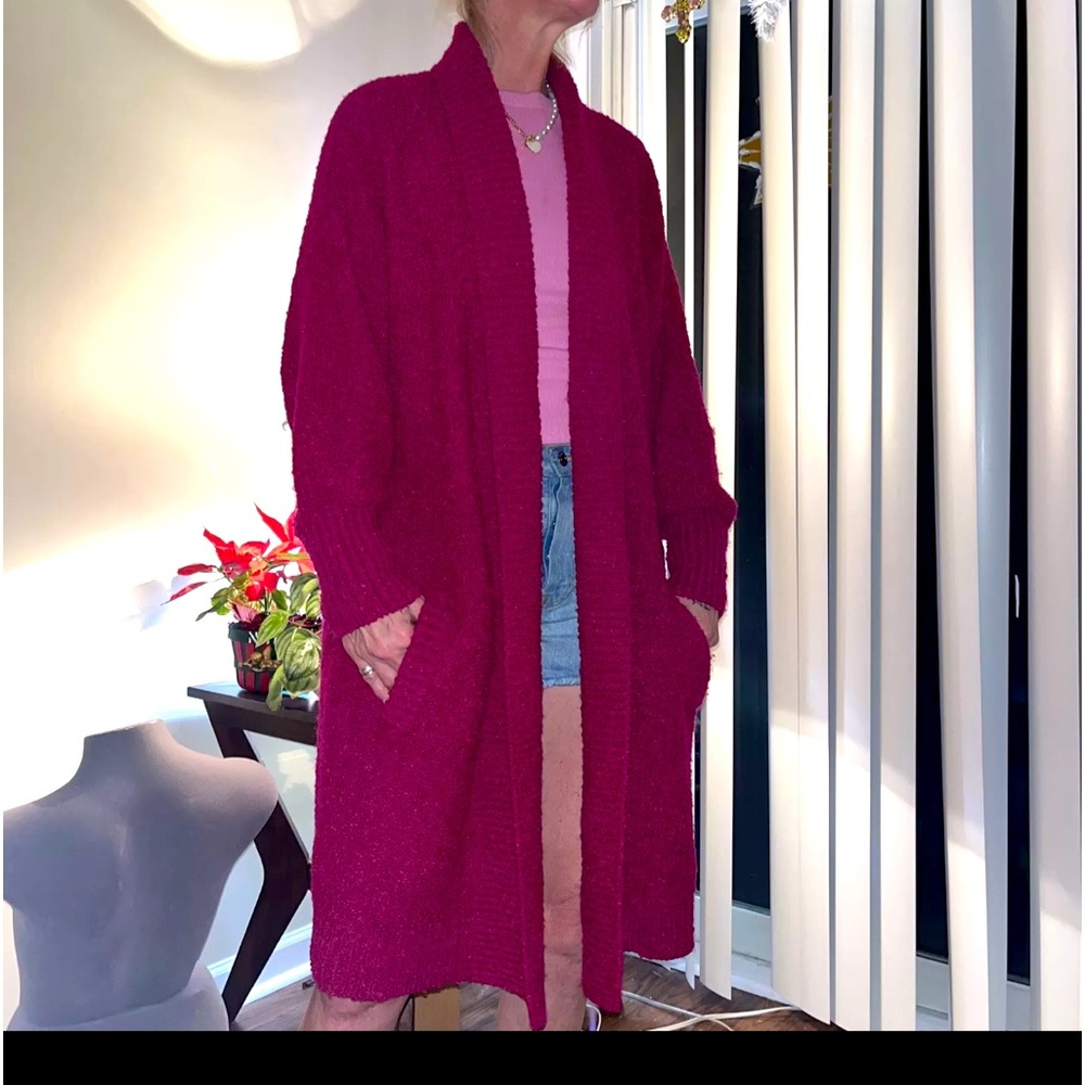 Vintage 90s diana marco Long sweater OSFM Folded Collar Roomy Oversized Hot Pink